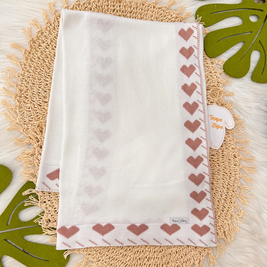 Manta de Linha Corações - Off White e Rose